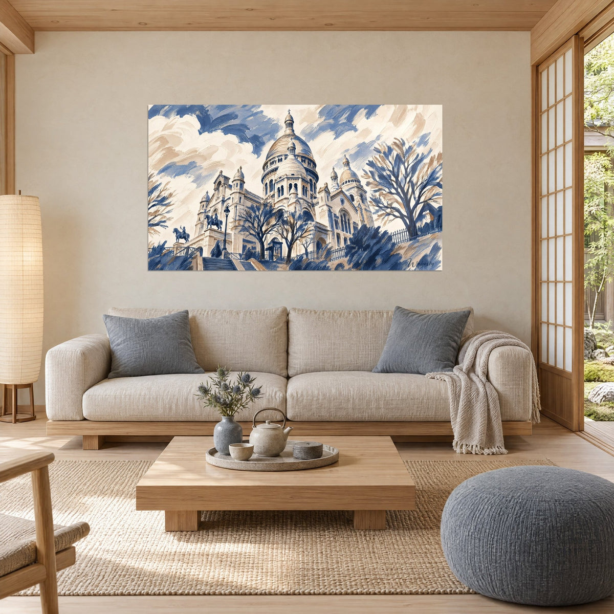 Quadro della basilica con cupole bianche sotto un cielo blu notte e avorio, statue equestri, sopra un divano in un soggiorno luminoso