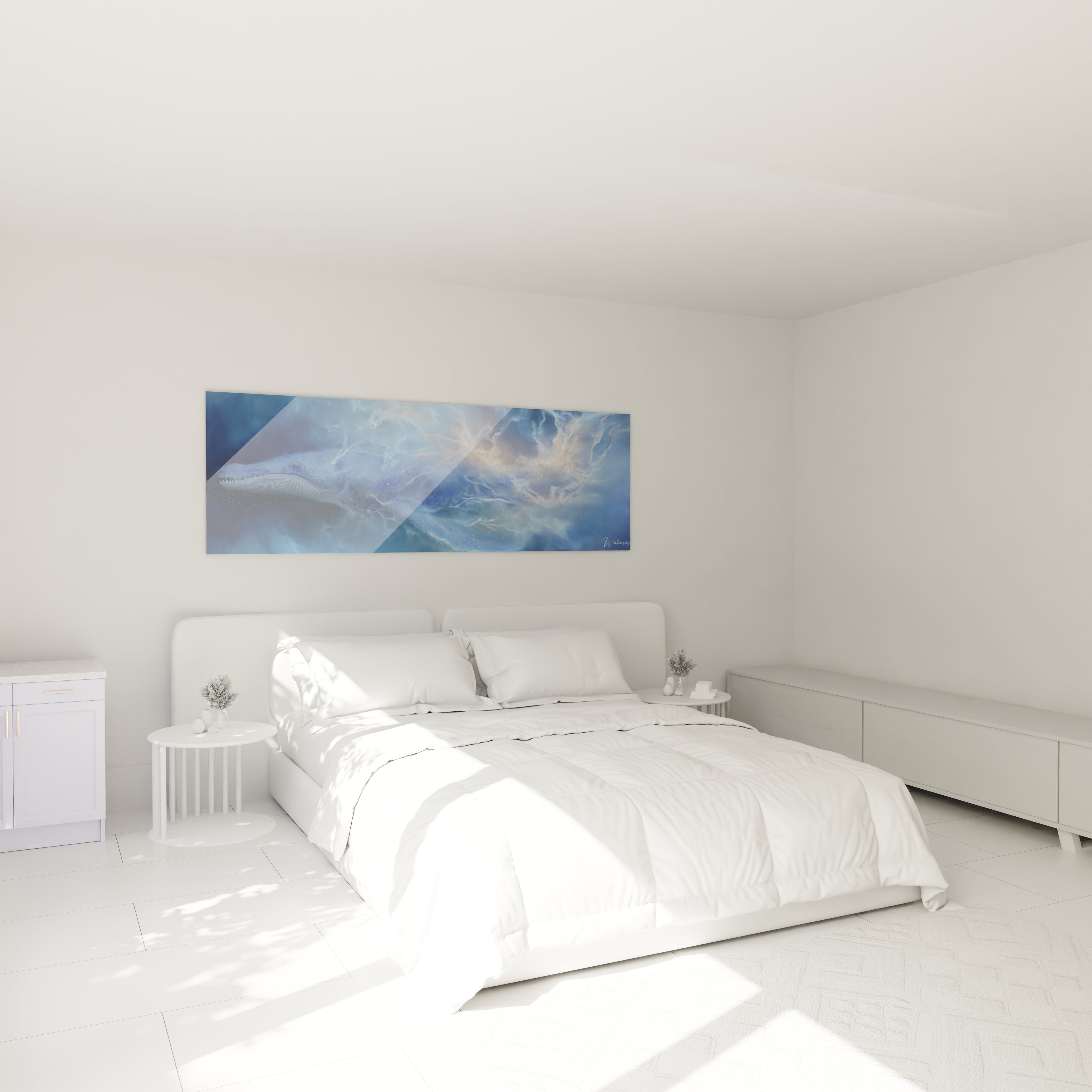Ambiance chambre avec tableau Basilosaurus océanique, décoration murale préhistorique aux nuances bleues