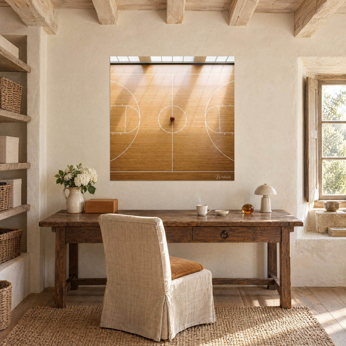 Wall art white free-throw circles on honey wooden slats, window shadows, above a raw wood desk