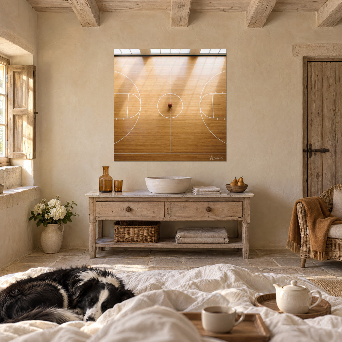 Wall art sunlit sports hall, caramel parquet and white circle, two people from behind and a collie, above a bed in a bright bedroom