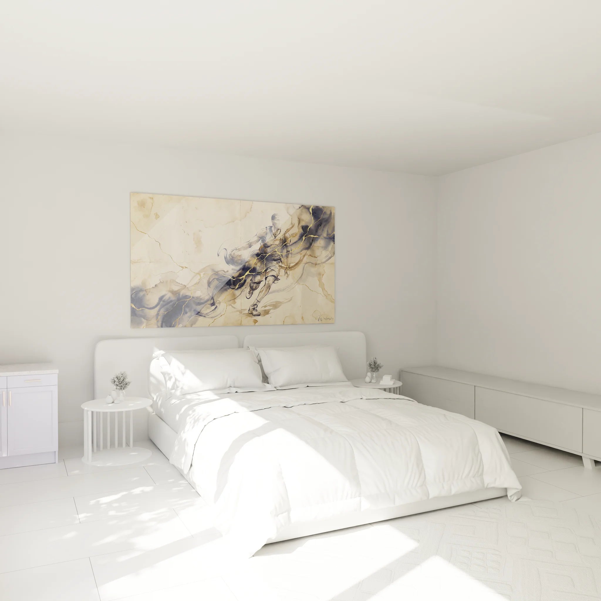 Tableau basketball décoratif dans chambre moderne avec joueur doré en mouvement