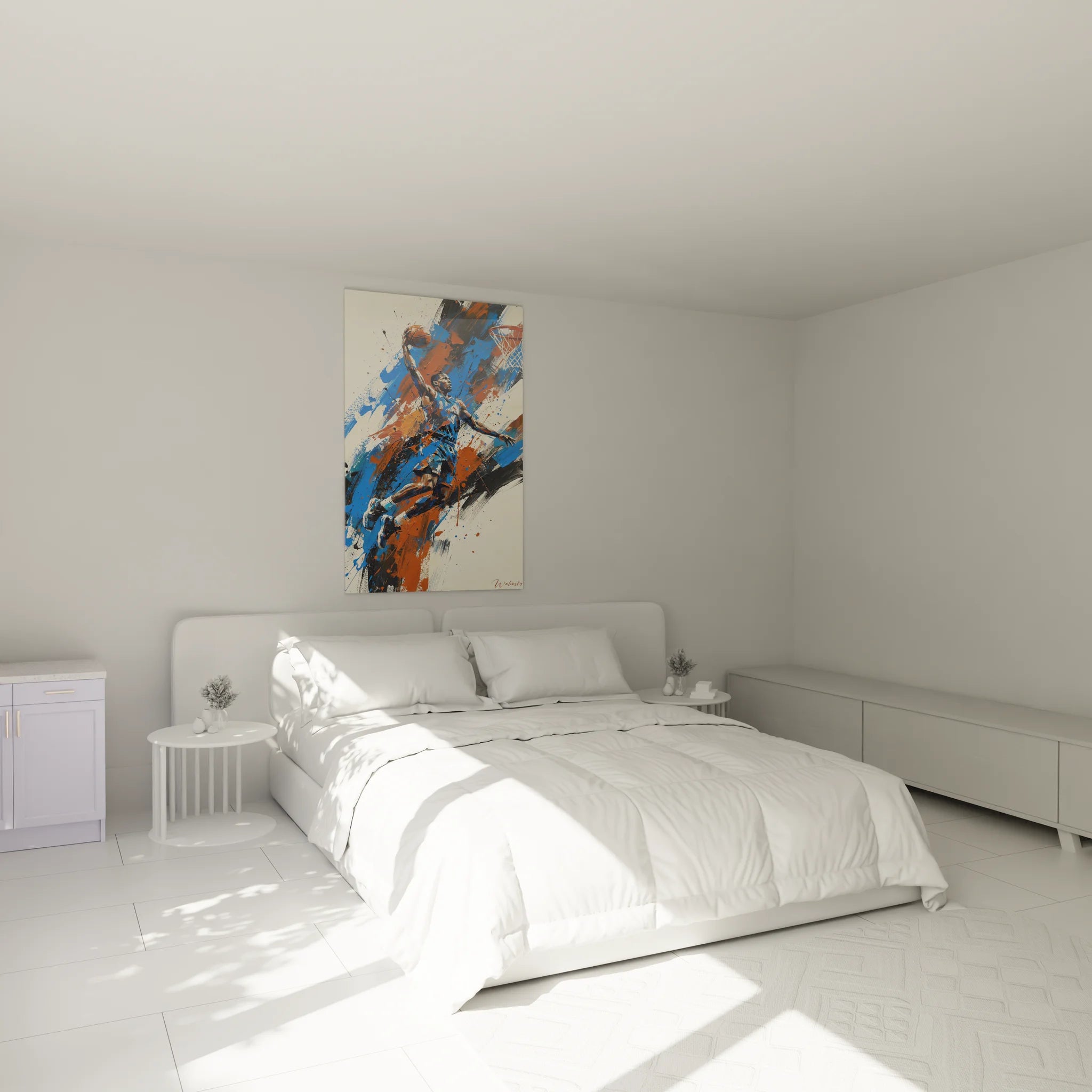 Ambiance chambre avec tableau basketball dunk artistique moderne accroché au mur