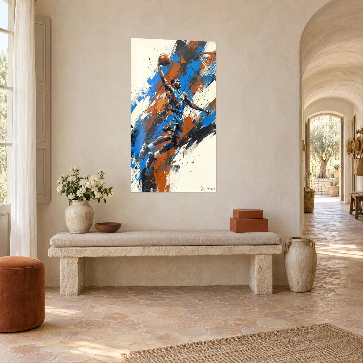 Sporty wall art of a player leaping toward the hoop, blue and orange brushstrokes on a cream background, stone bench of a Provençal farmhouse