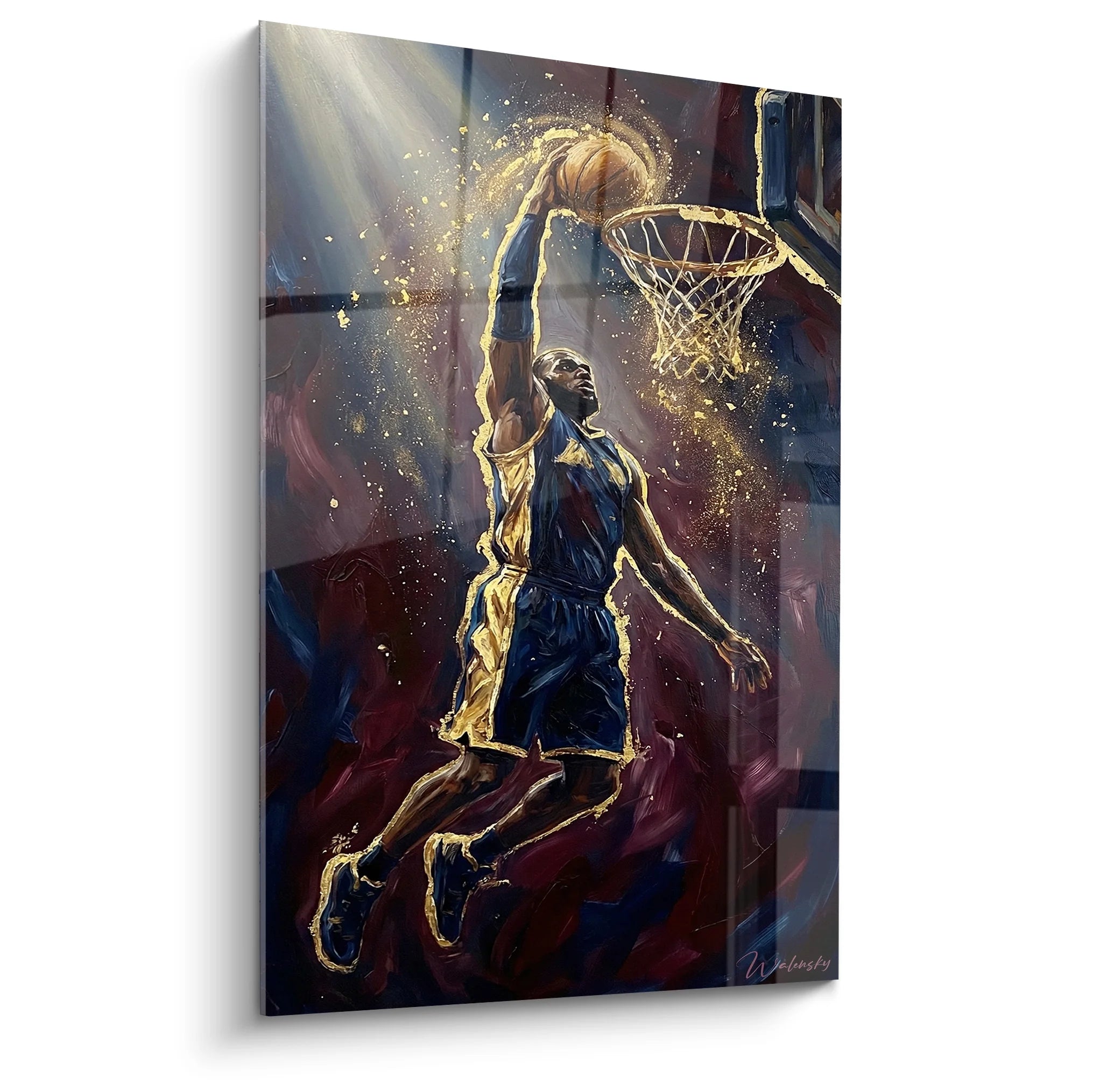 Tableau basketball moderne dunk spectaculaire reflets dorés art mural sport contemporain