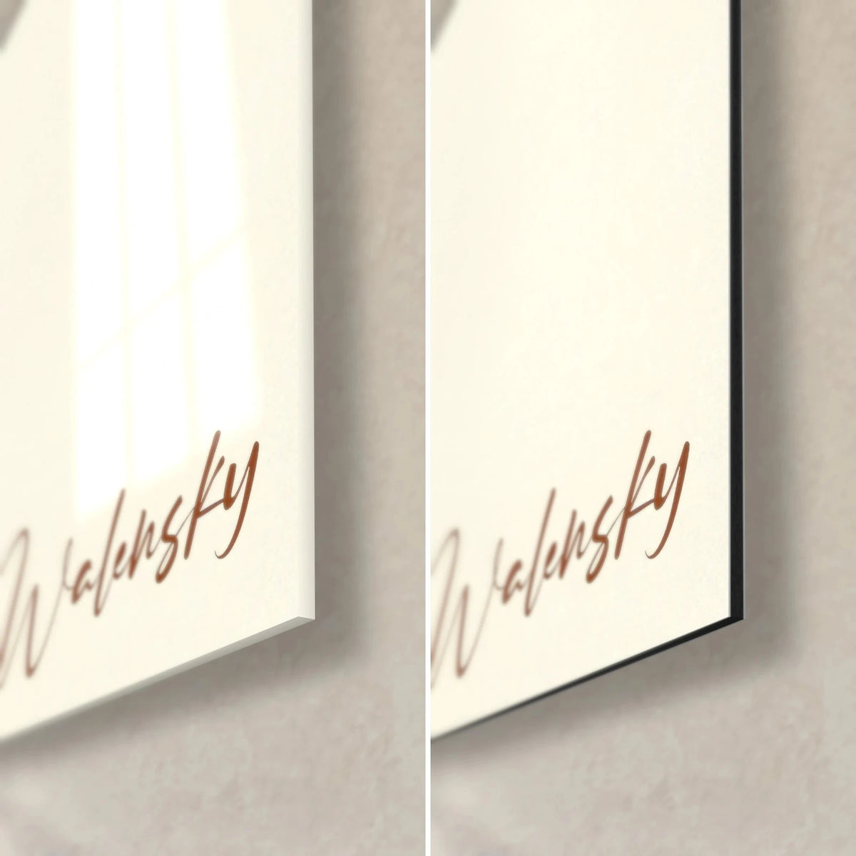 Wall art of a basketball player in blue and orange tones, bottom right corner: glossy acrylic glass on the left, matte black Dibond on the right
