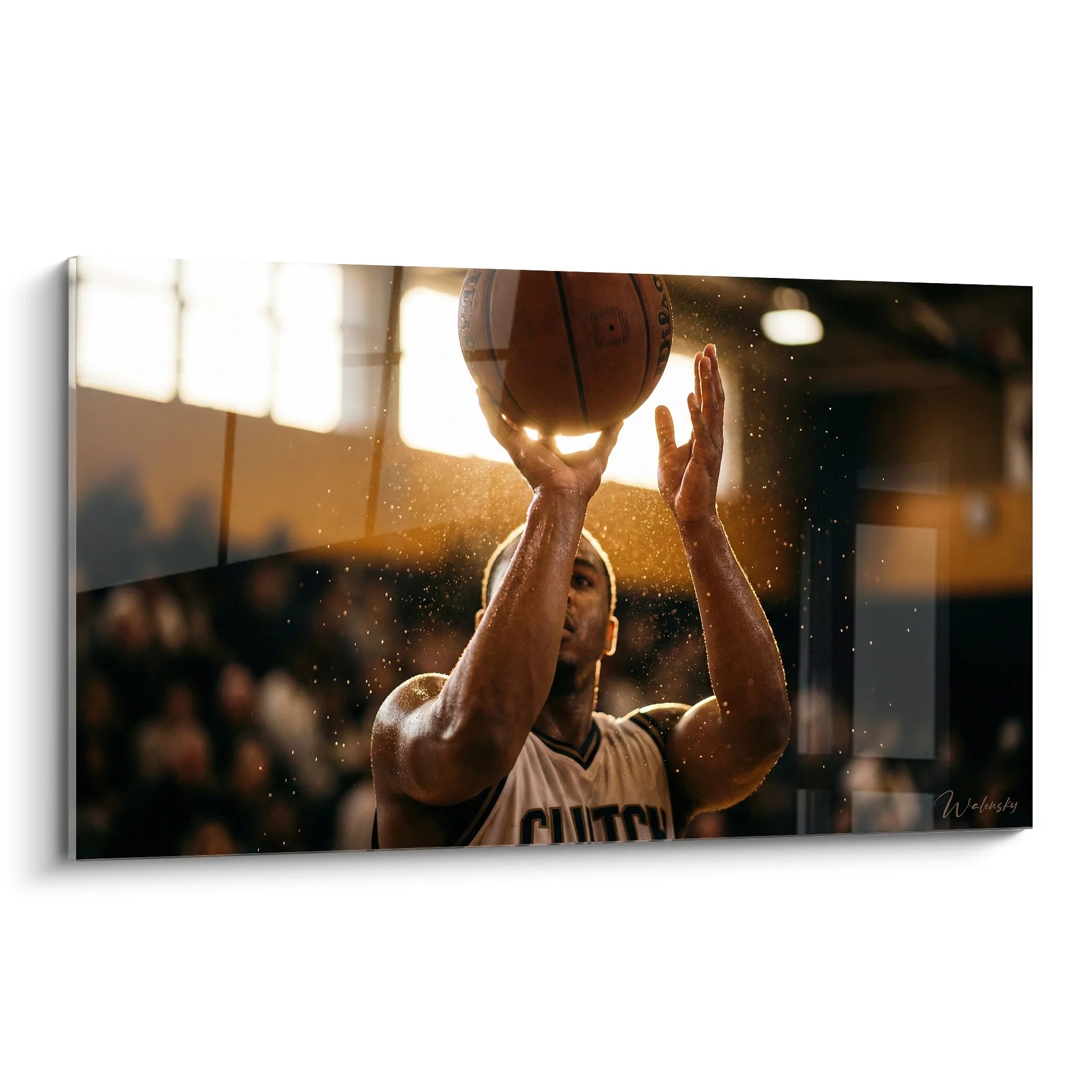 Tableau basketball joueur tir suspension lumière dorée art mural sportif moderne décoration