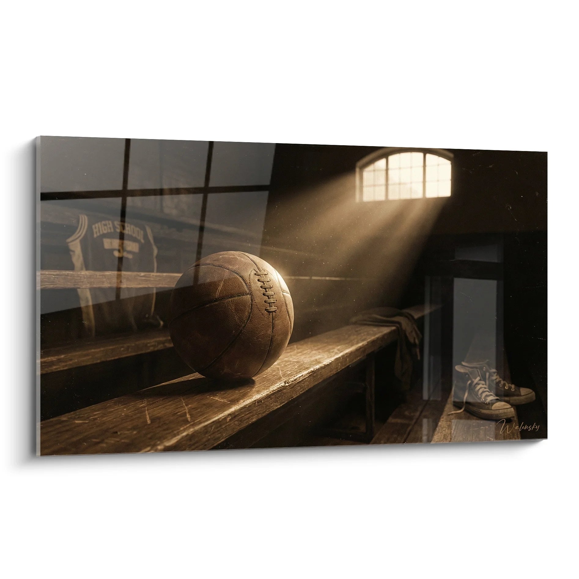 Tableau basketball vintage montrant ballon cuir sur banc vestiaire avec lumière douce