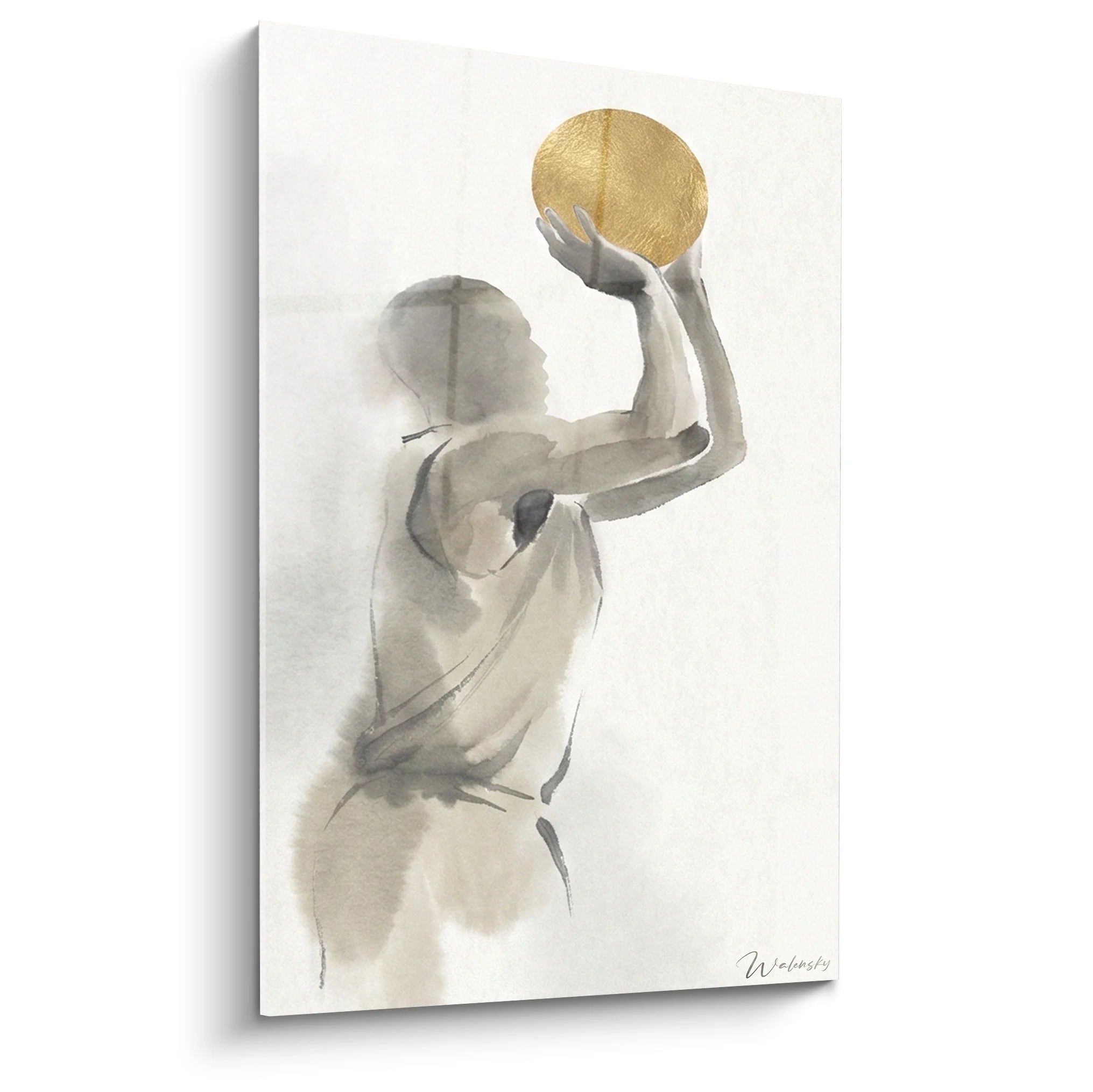 Tableau basketteur shooting ballon doré - Art mural aquarelle basket ball moderne décoration sport