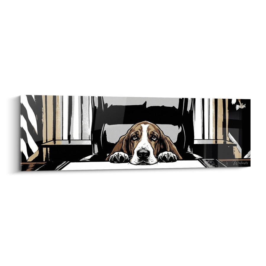 Tableau Basset Hound Allongé Sous les Meubles - Regard Mélancolique - Edition Basset Hound