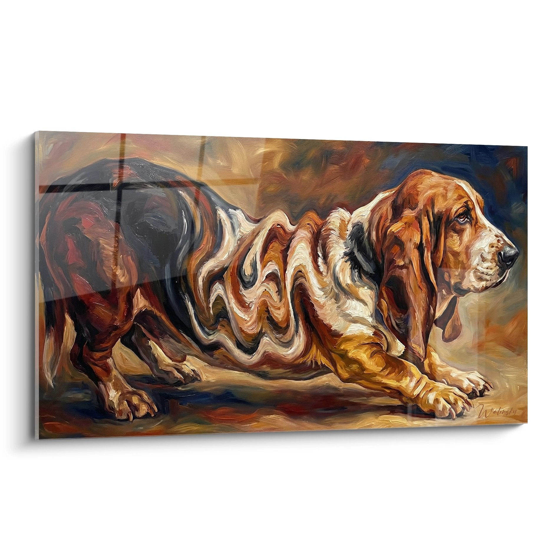 Tableau artistique Basset Hound allongé avec vagues dorées et cuivrées sur fond chaud