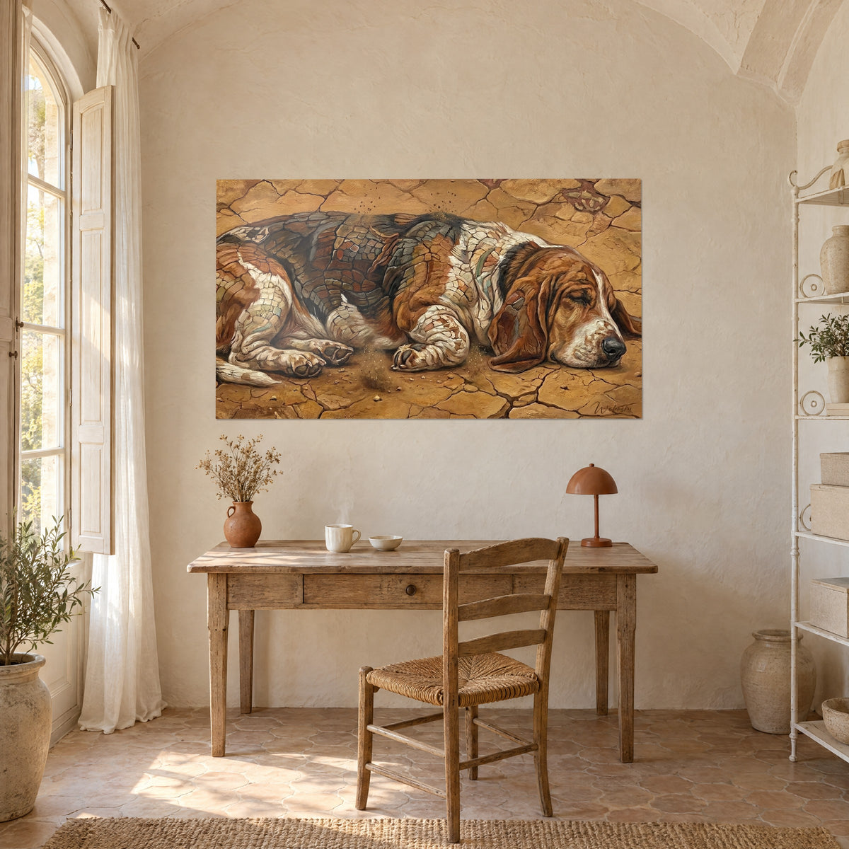Wall art of a resting scenthound, drooping copper ears, background of cracked ochre clay, hanging above a light wood desk