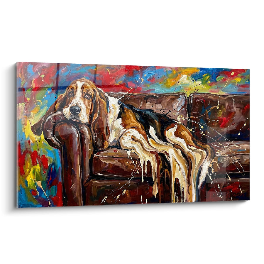 Tableau Basset Hound Allongé sur Canapé Marron - Repos Artistique - Edition Basset Hound