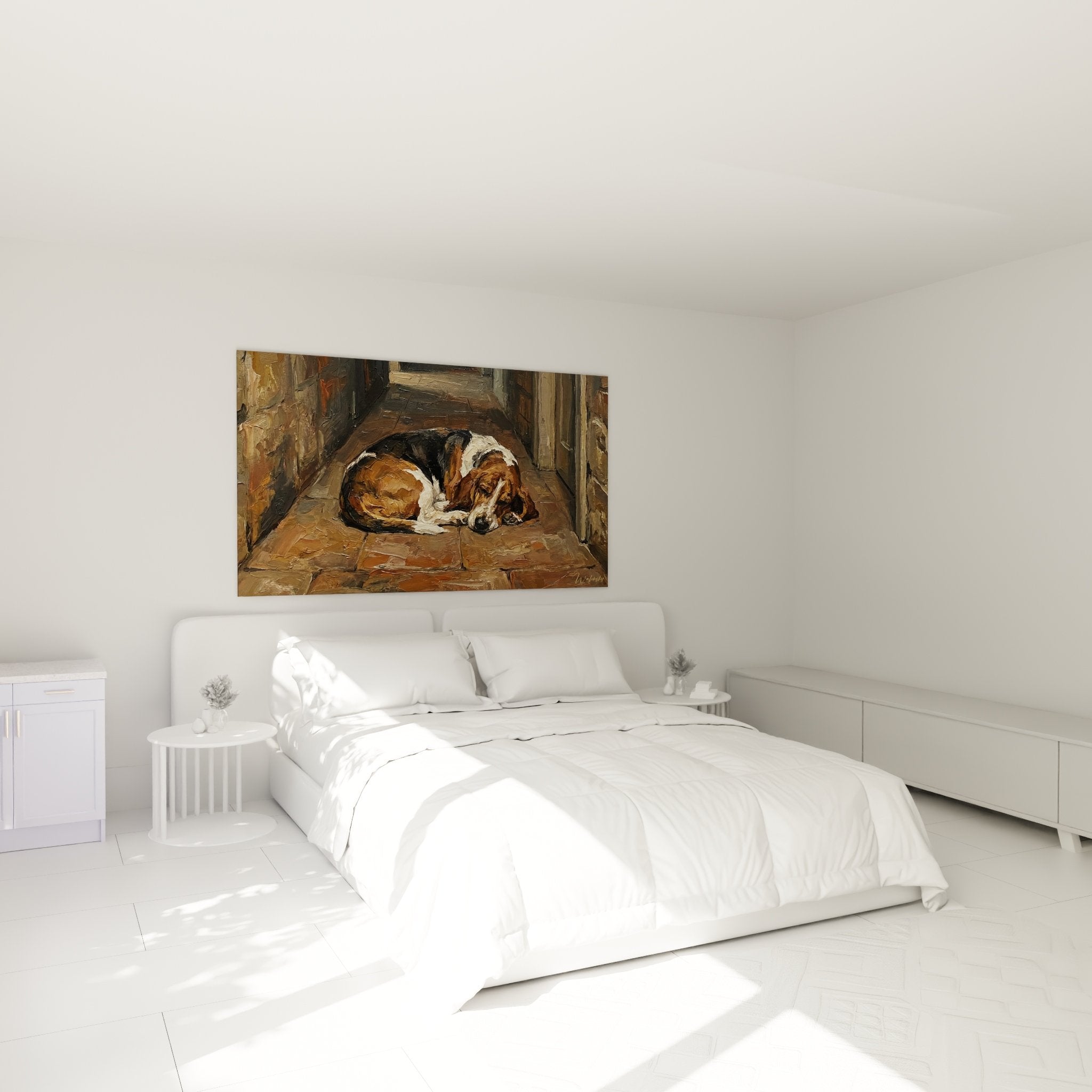 Tableau Basset Hound repos paisible décorant chambre ambiance cosy tons terre