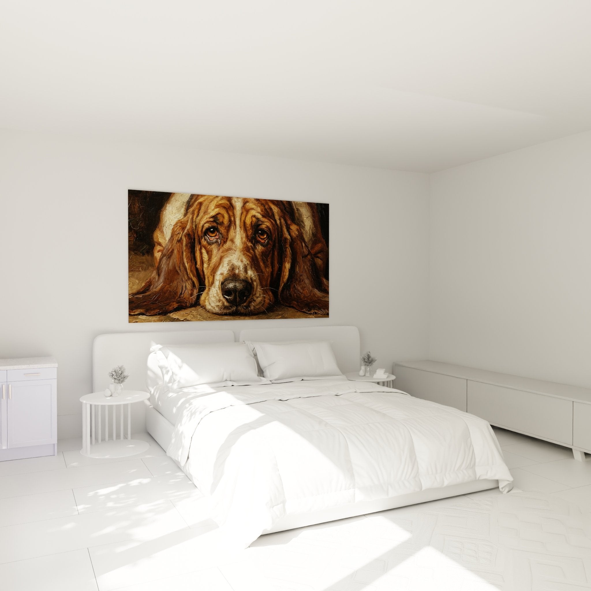 Tableau Basset Hound portrait chien accroche murale chambre decoration tons chauds cuivres ambiance cocooning