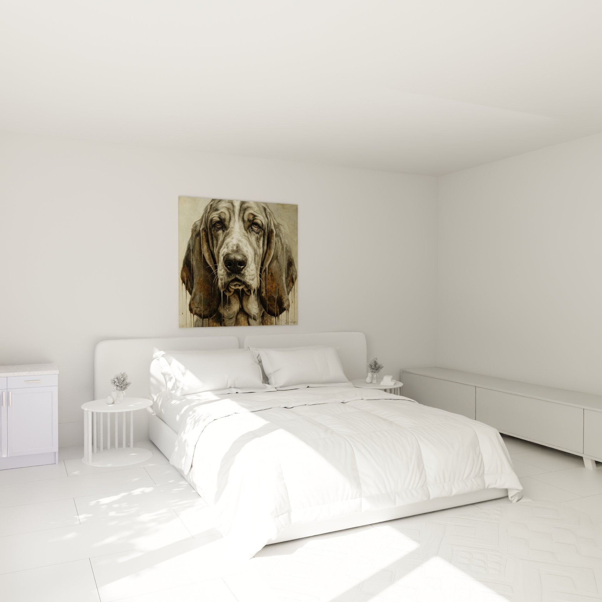 Tableau portrait Basset Hound sépia décorant chambre ambiance apaisante art animalier mural