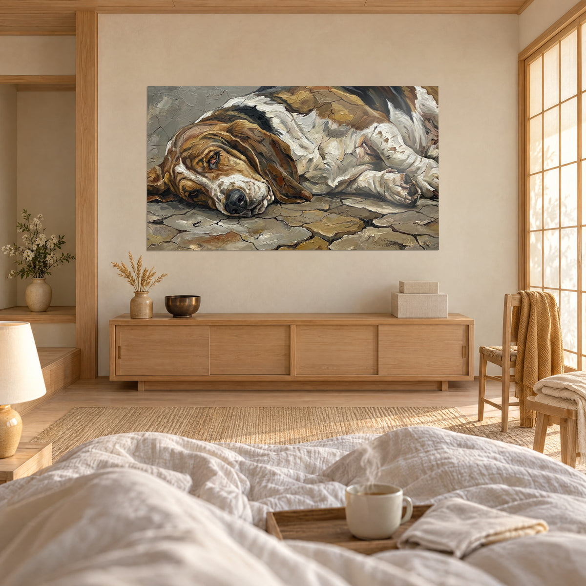 Cuadro perro de caza tumbado de grandes orejas marrones y pelaje crema, una persona de espaldas, encima de una cama en un dormitorio luminoso