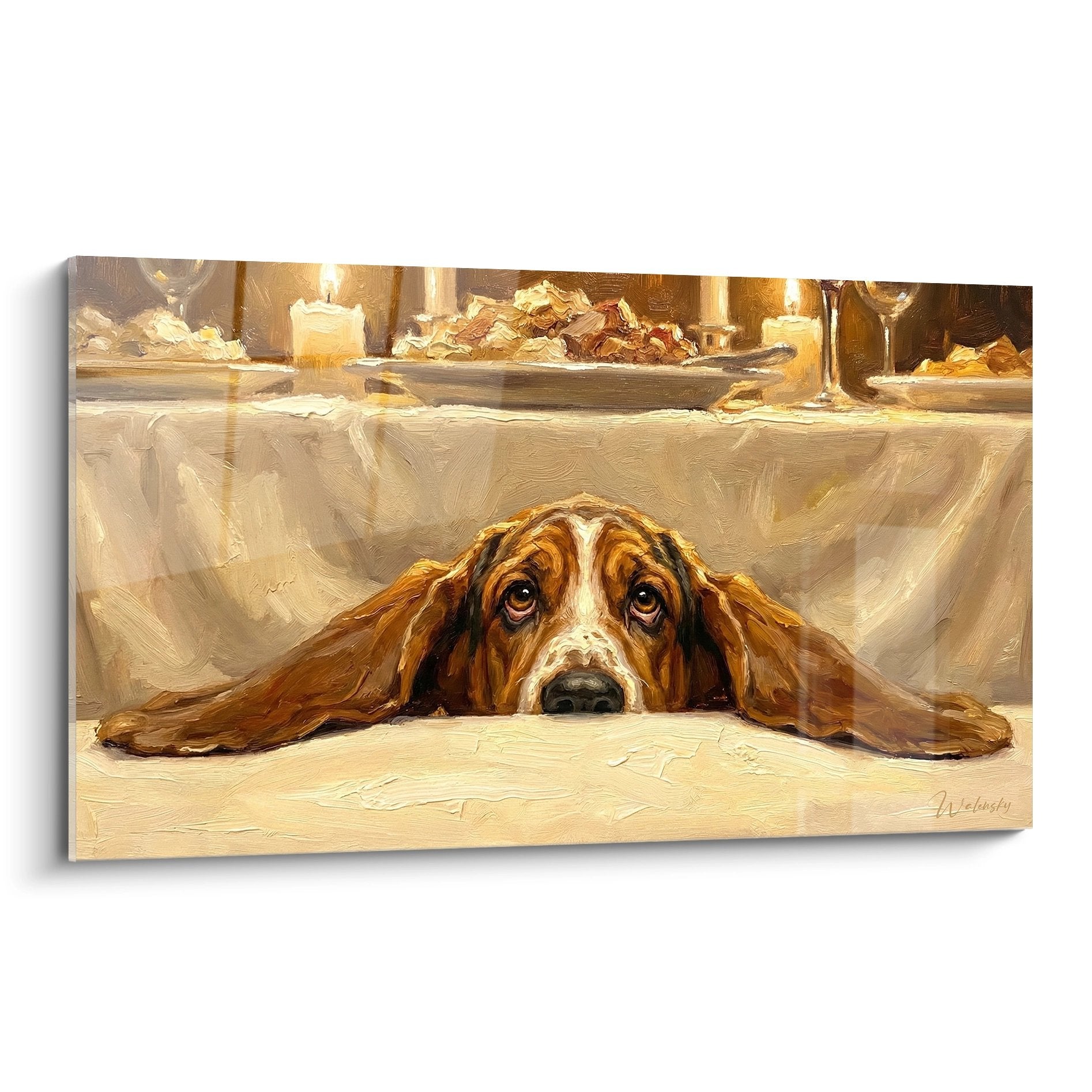 Peinture Basset Hound couché sous table repas tons dorés regard attendrissant art canin