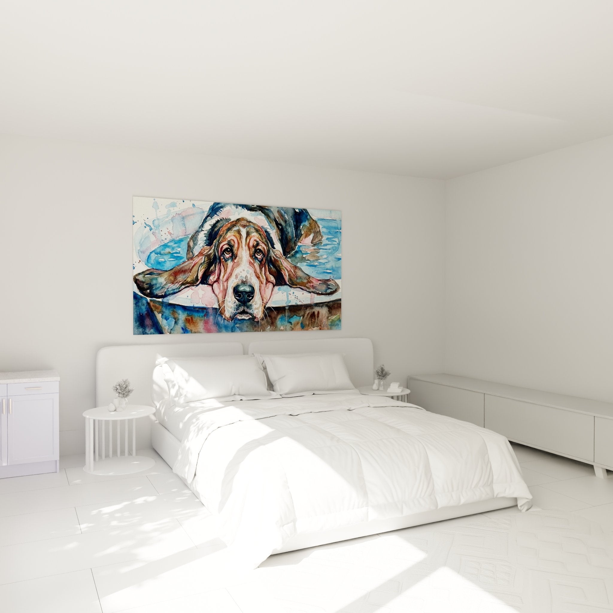 Tableau Basset Hound aquarelle décorant élégamment une chambre moderne aux tons clairs et apaisants