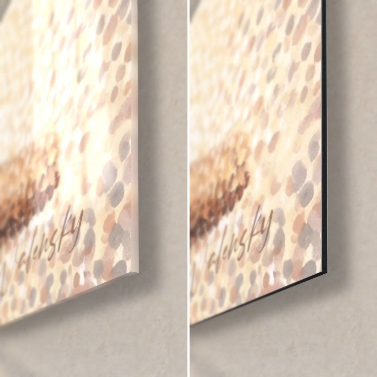 Schilderij van een kleine pointillistische basset, rechteronderhoek: glanzend acrylglas links, mat zwart Dibond-aluminium rechts, dikte 3 mm
