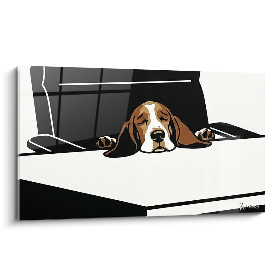 Tableau Basset Hound Endormi sur Lit avec Pantoufles - Sieste Paisible - Edition Basset Hound