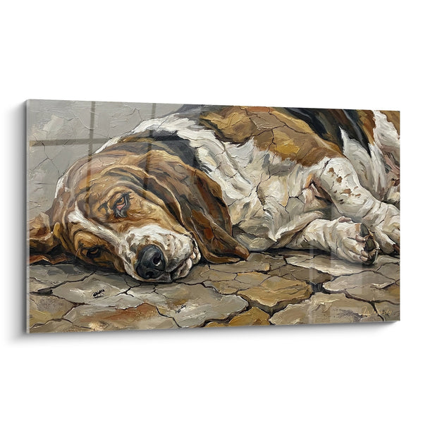 Cuadro de Basset Hound Durmiendo en Tonos Ocre y Blancos - Reposo Tranquilo - Edición Basset Hound