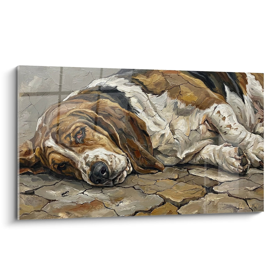 Tableau Basset Hound Endormi aux Tons Ocre et Blancs - Repos Paisible - Edition Basset Hound