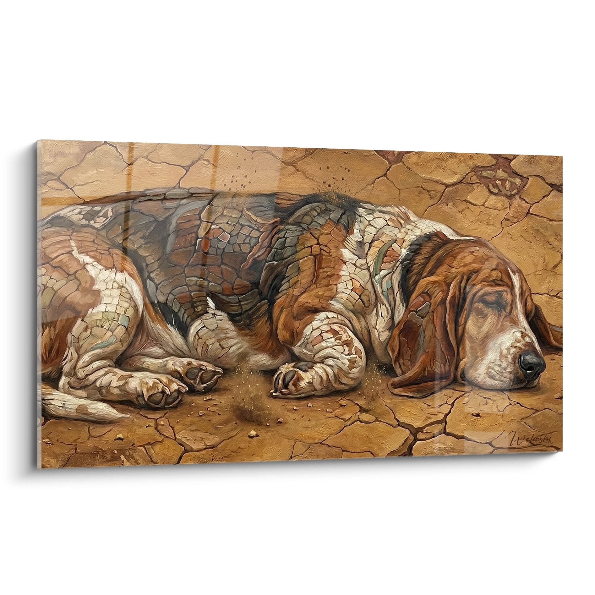 Tableau artistique Basset Hound endormi sur sol ocre craquele aux tons terreux chaleureux