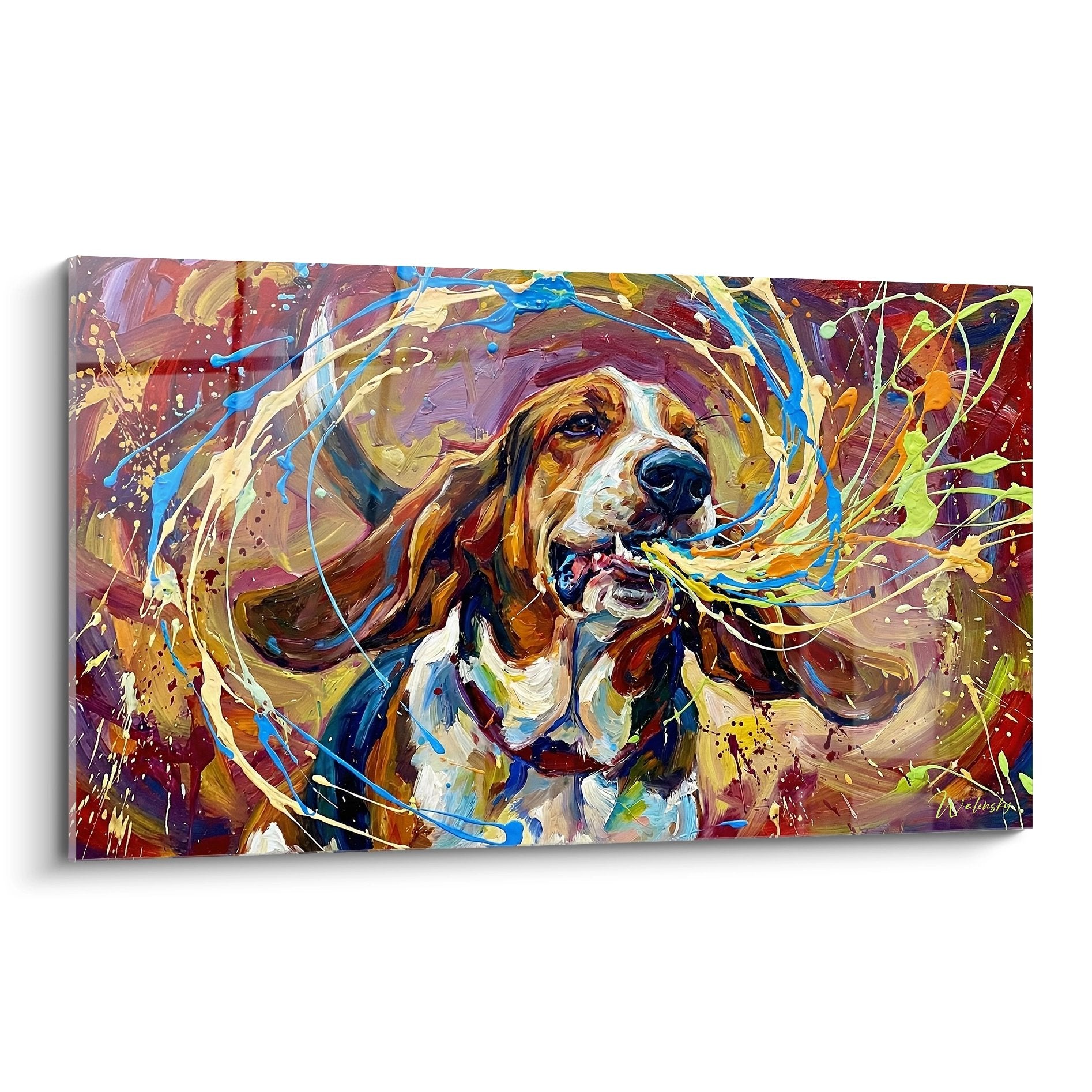Tableau expressionniste Basset Hound couleurs vibrantes rouges oranges bleus style contemporain art animalier
