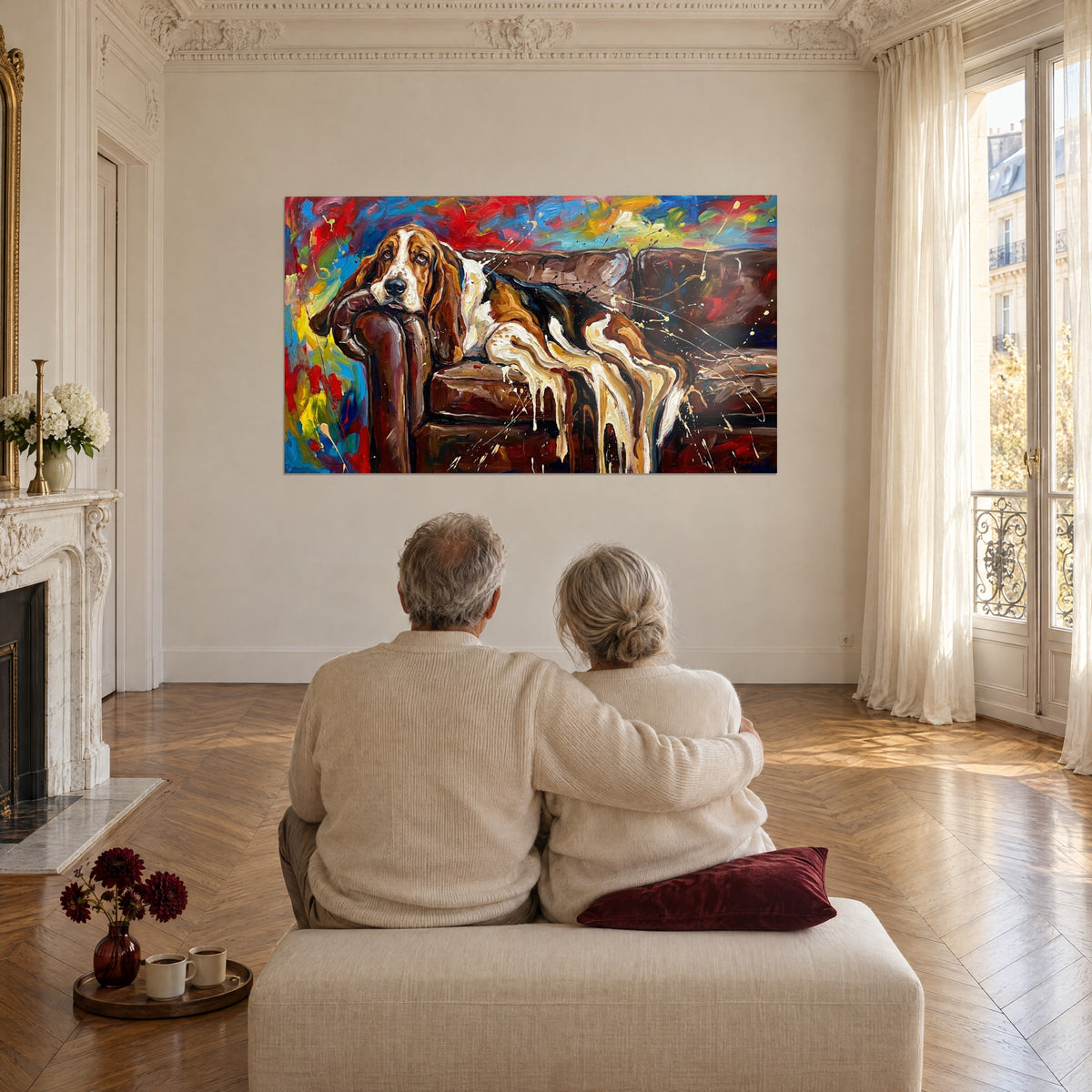 Cuadro retrato canino de mirada cansada, orejas caídas naranjas y crema, toques turquesa y carmín, frente a una pareja de edad en un salón