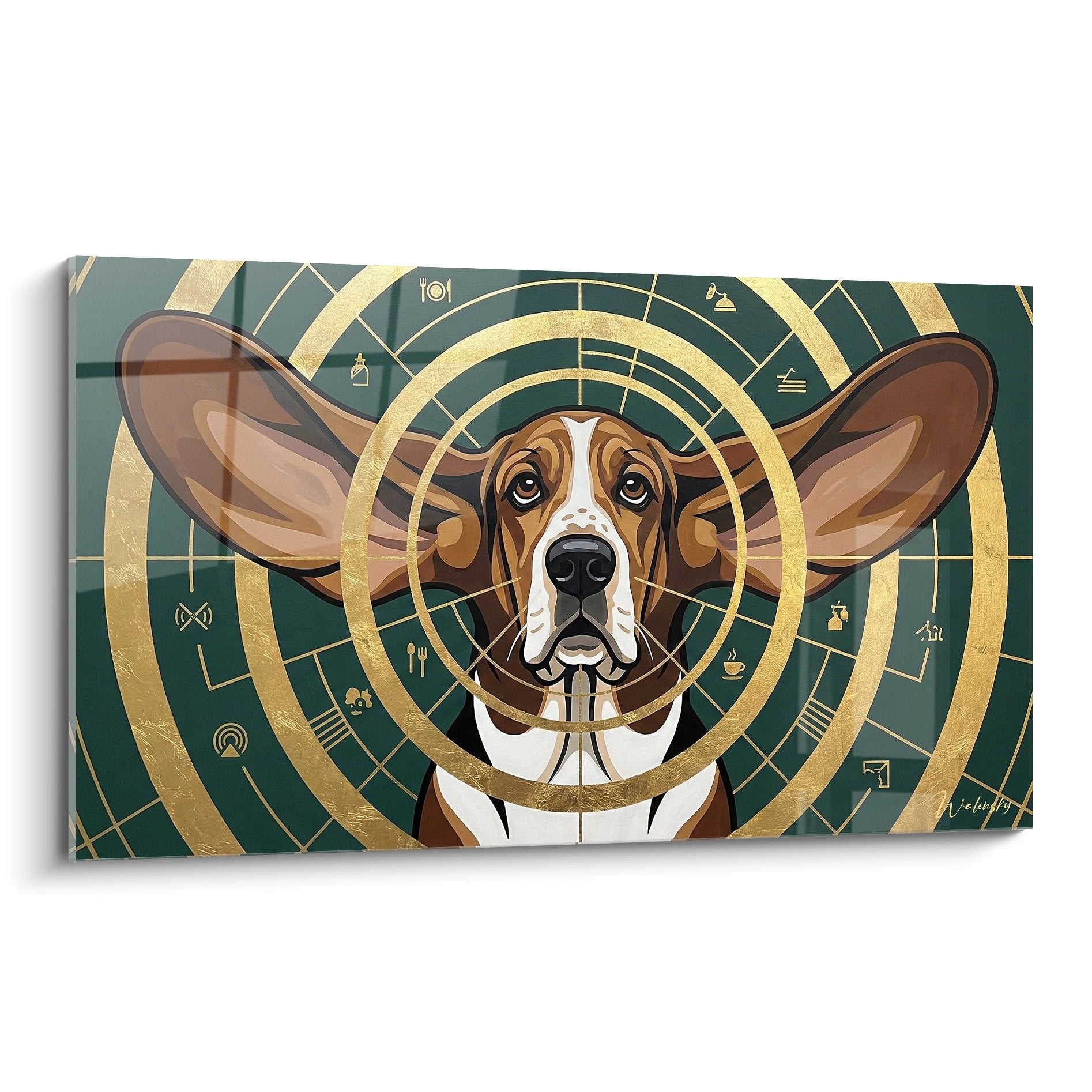 Tableau mural Basset Hound aux oreilles déployées sur fond géométrique vert et or avec symboles mystiques