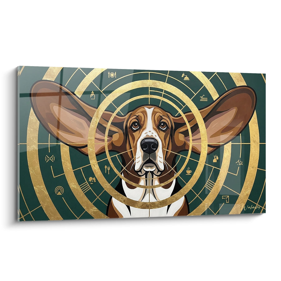 Tableau Basset Hound aux Oreilles Déployées sur Fond Géométrique Doré - Majesté Cosmique - Edition Basset Hound