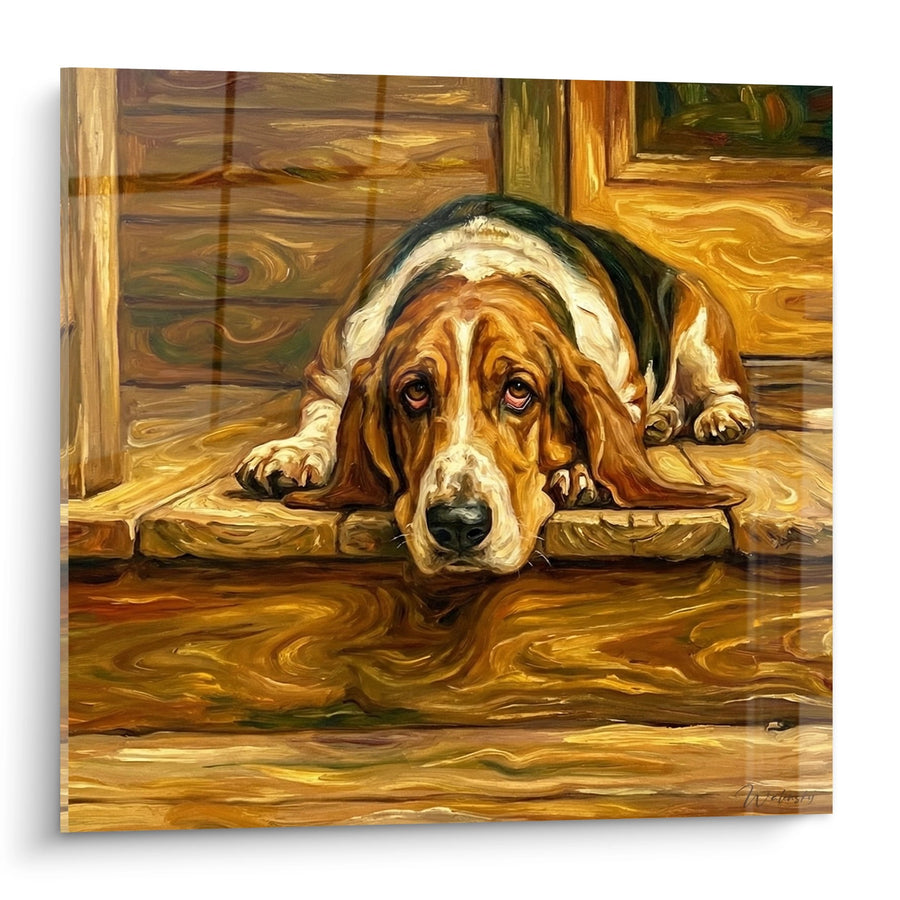 Schilderij Basset Hound Melancholiek met Goudtinten - Teder Blik - Editie Basset Hound