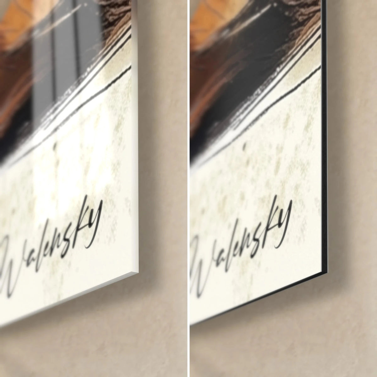 Wall art basset hound portrait, bottom right corner: glossy acrylic glass with reflections, matte Dibond, 3 mm black edge