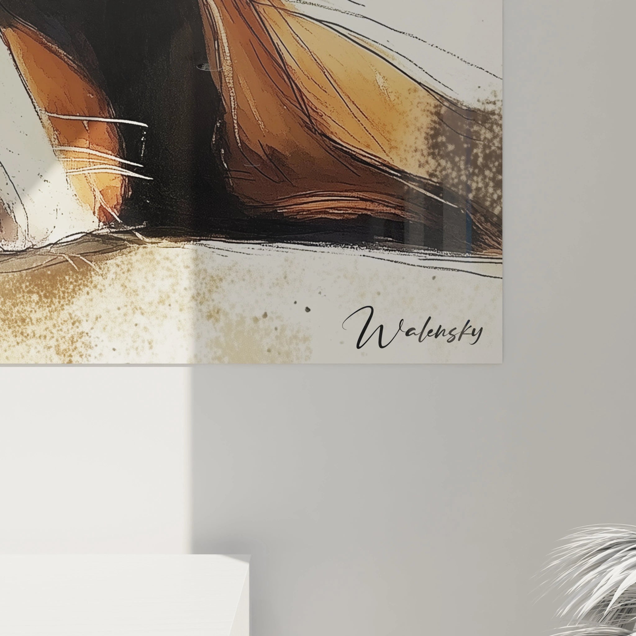 Un tableau basset hound expressif captant le regard profond d'un chien aux longues oreilles. Techniques mixtes associant traits définis et éclaboussures légères dans une palette de noir, blanc et marron sur fond texturé.
