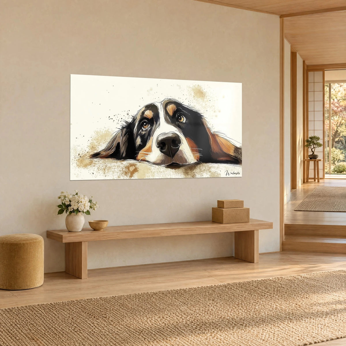 Wall art dog lying down, glossy black muzzle and copper drooping ears on a cream background, three-quarter view, Japandi wall