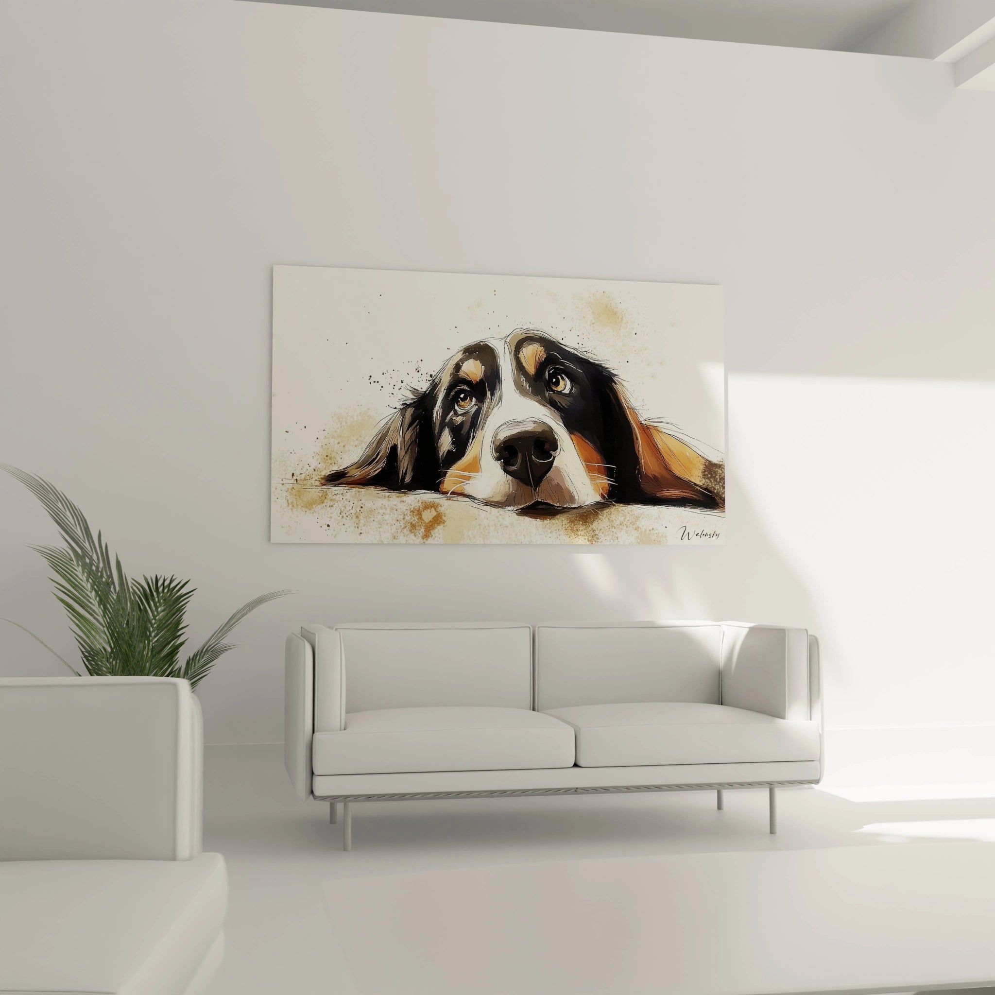 Un tableau basset hound au style aquarelle moderne présentant un portrait mélancolique de chien. Contraste entre le traitement détaillé du museau blanc et des oreilles noires sur fond beige avec taches artistiques.
