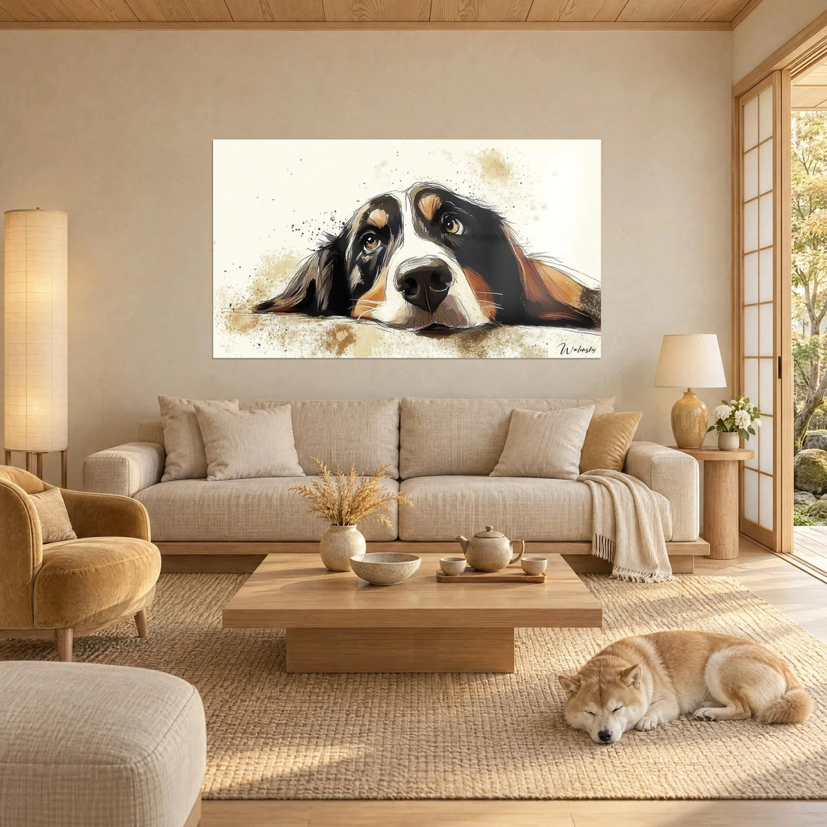 Wall art basset hound with large amber eyes, black, white and tan coat, above a sofa in a bright living room