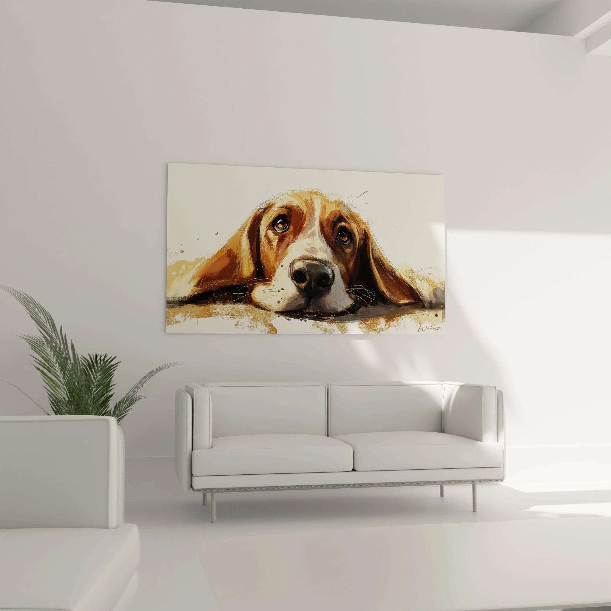 Un tableau artistique de basset hound montrant le visage d'un chien au regard doux et pénétrant. Combinaison de tons caramel, beige et blanc crème, avec des éclaboussures subtiles et des coups de pinceau énergiques.
