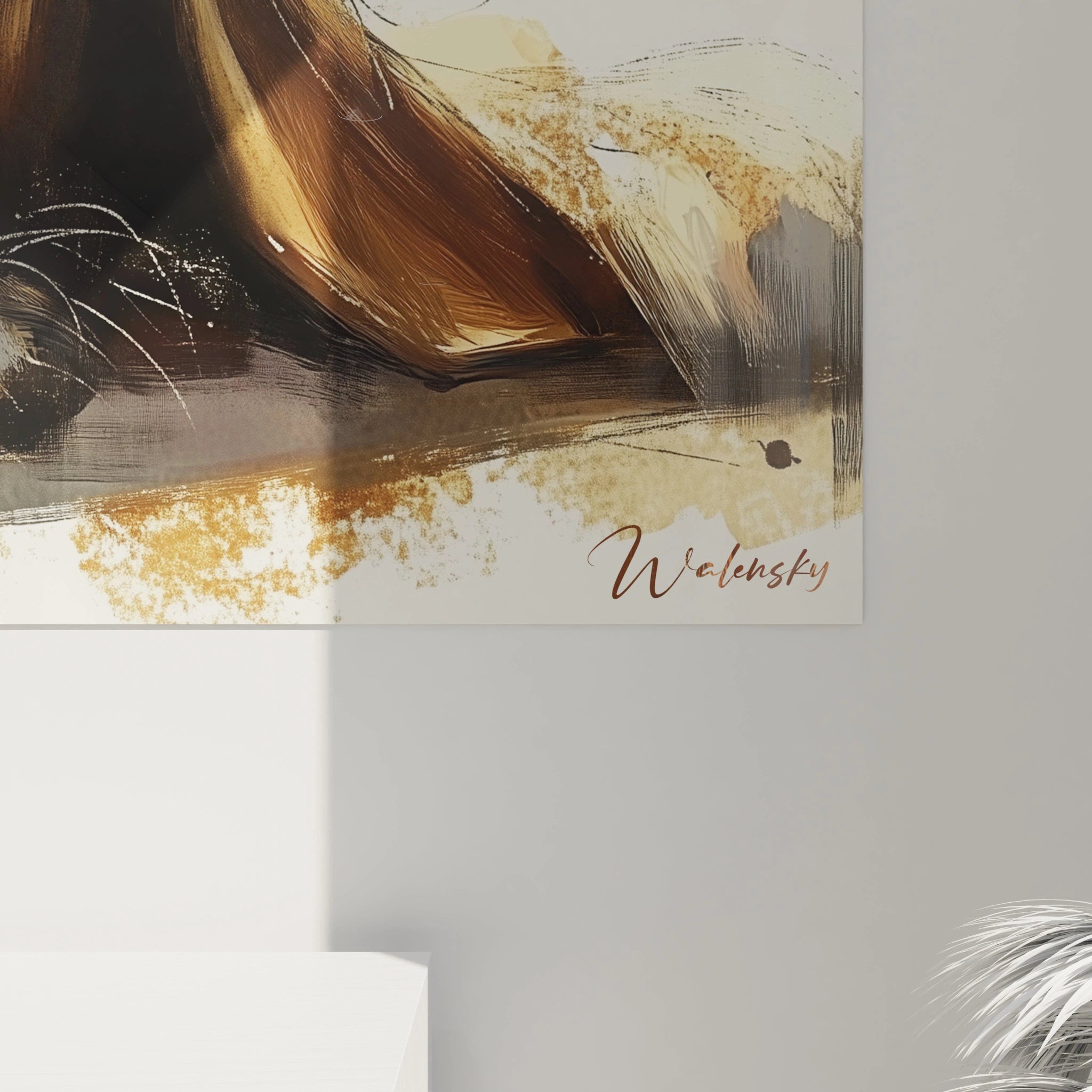 Tableau basset hound expressif centré sur les yeux ambrés et le museau noir d'un chien de cette race. Contraste saisissant entre les tons marron foncé, beige doré et blanc, avec une technique qui mêle détails précis et touches abstraites.
