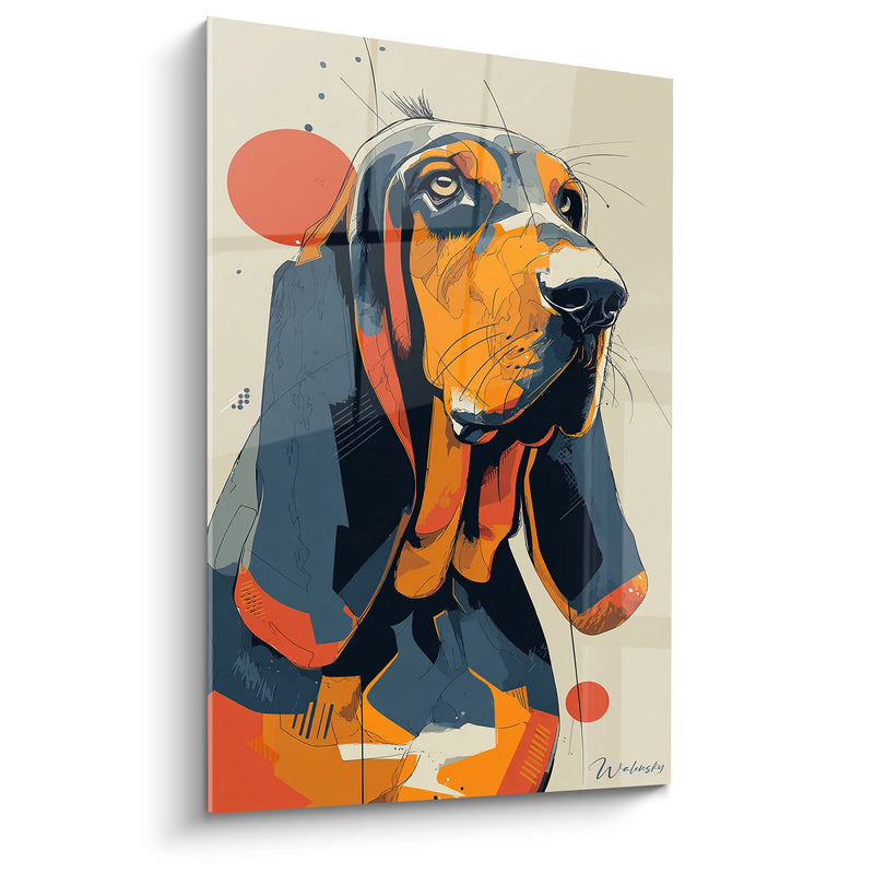 Gemälde Basset Hound Kunstporträt Orange und Blau - Ausdrucksstarker Blick - Bloodhound Edition