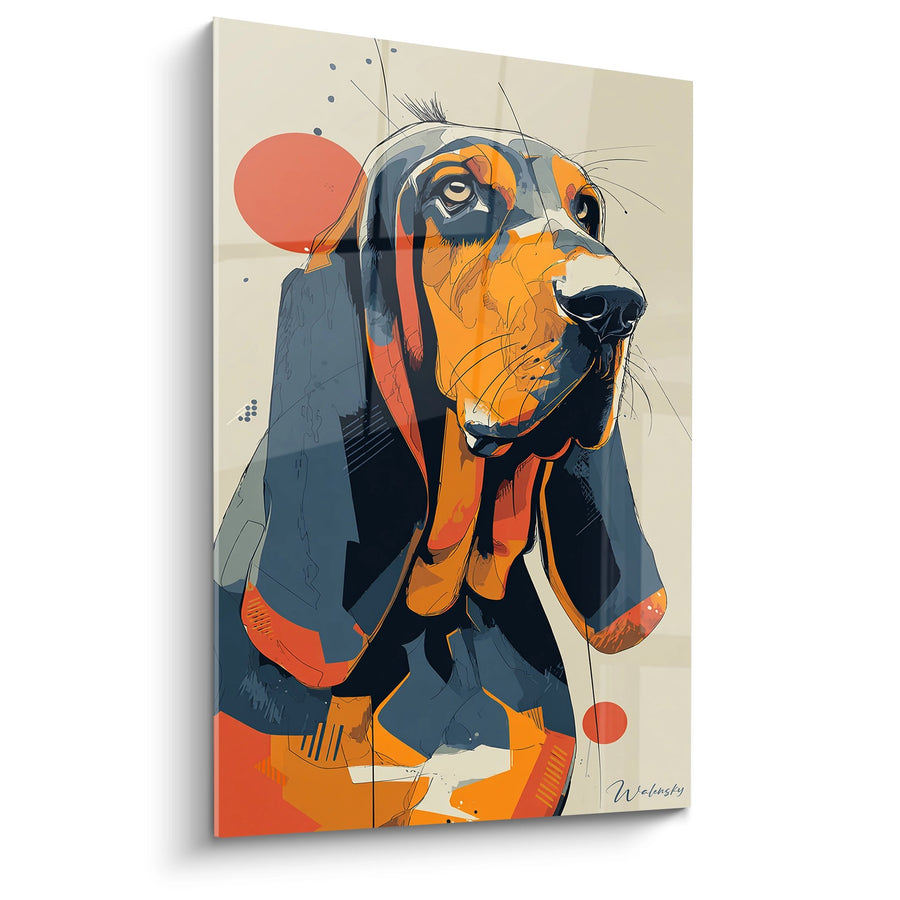 Tableau Chien Basset Hound Portrait Artistique Orange et Bleu - Regard Expressif - Edition Bloodhound