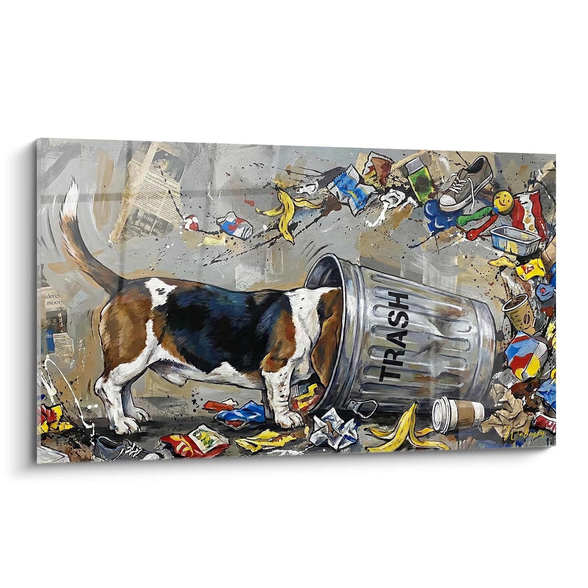 Tableau basset hound tricolore explorant poubelle renversee style street art contemporain