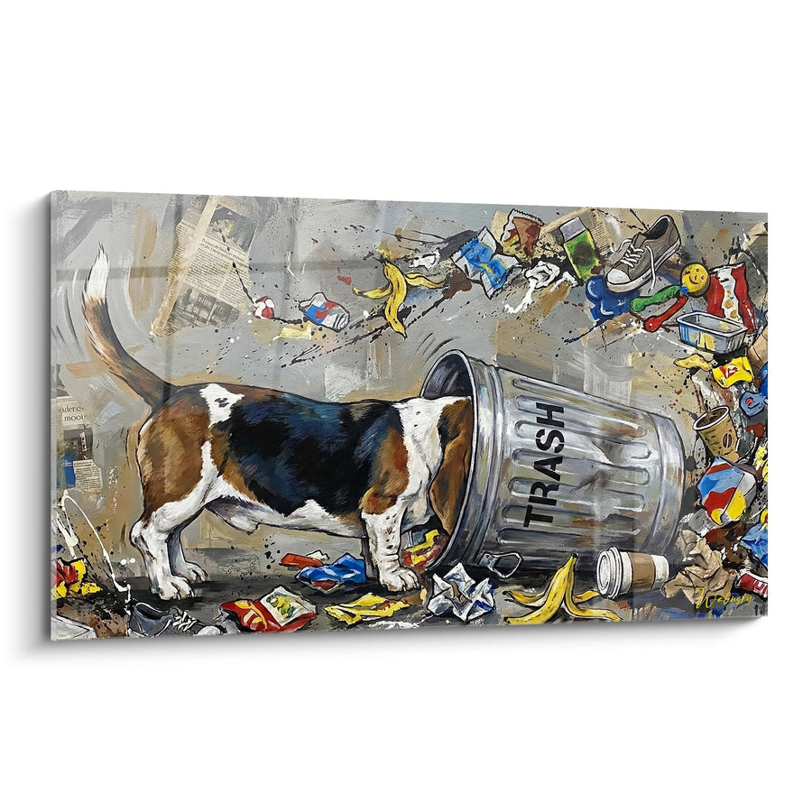 Tableau Basset Hound Explorant une Poubelle Renversée - Curiosité Canine - Edition Basset Hound