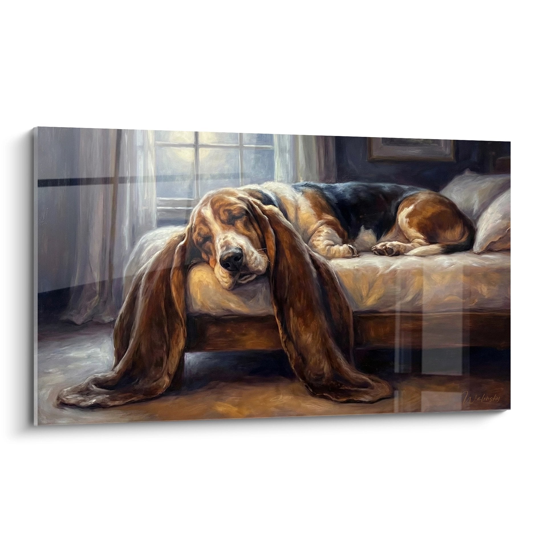 tableau basset hound allongé canapé beige lumière fenêtre tons ocre bruns repos chien peinture