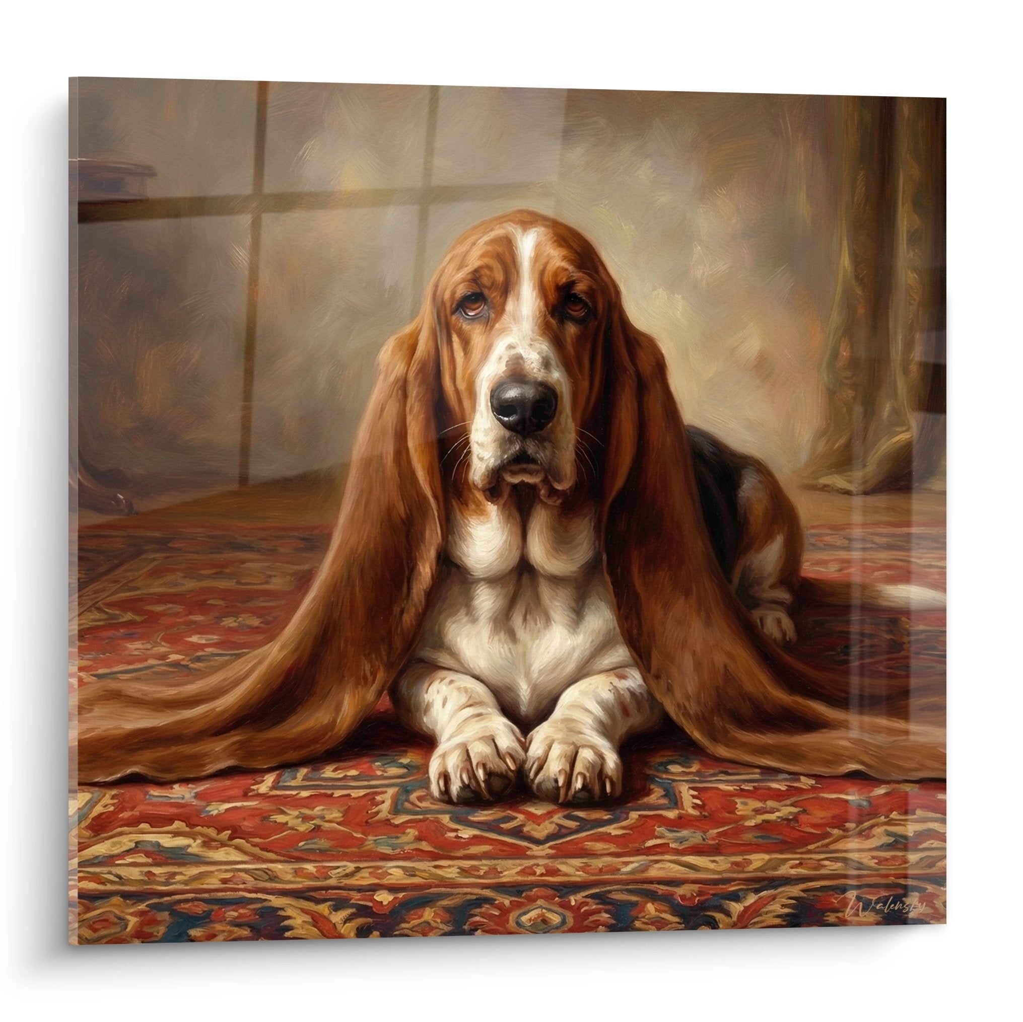 Tableau représentant un Basset Hound roux et blanc au regard mélancolique assis sur un tapis persan traditionnel