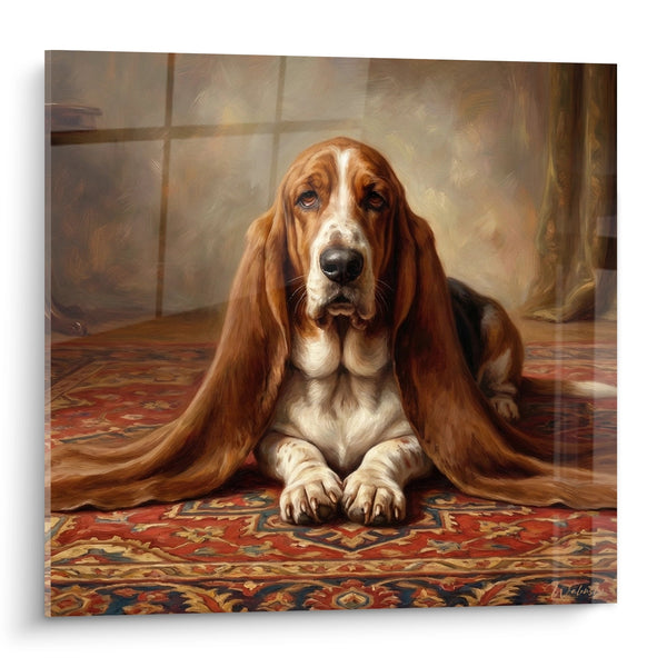 Quadro Cane dalle Lunghe Orecchie su Tappeto Persiano - Sguardo Malinconico - Edizione Basset Hound