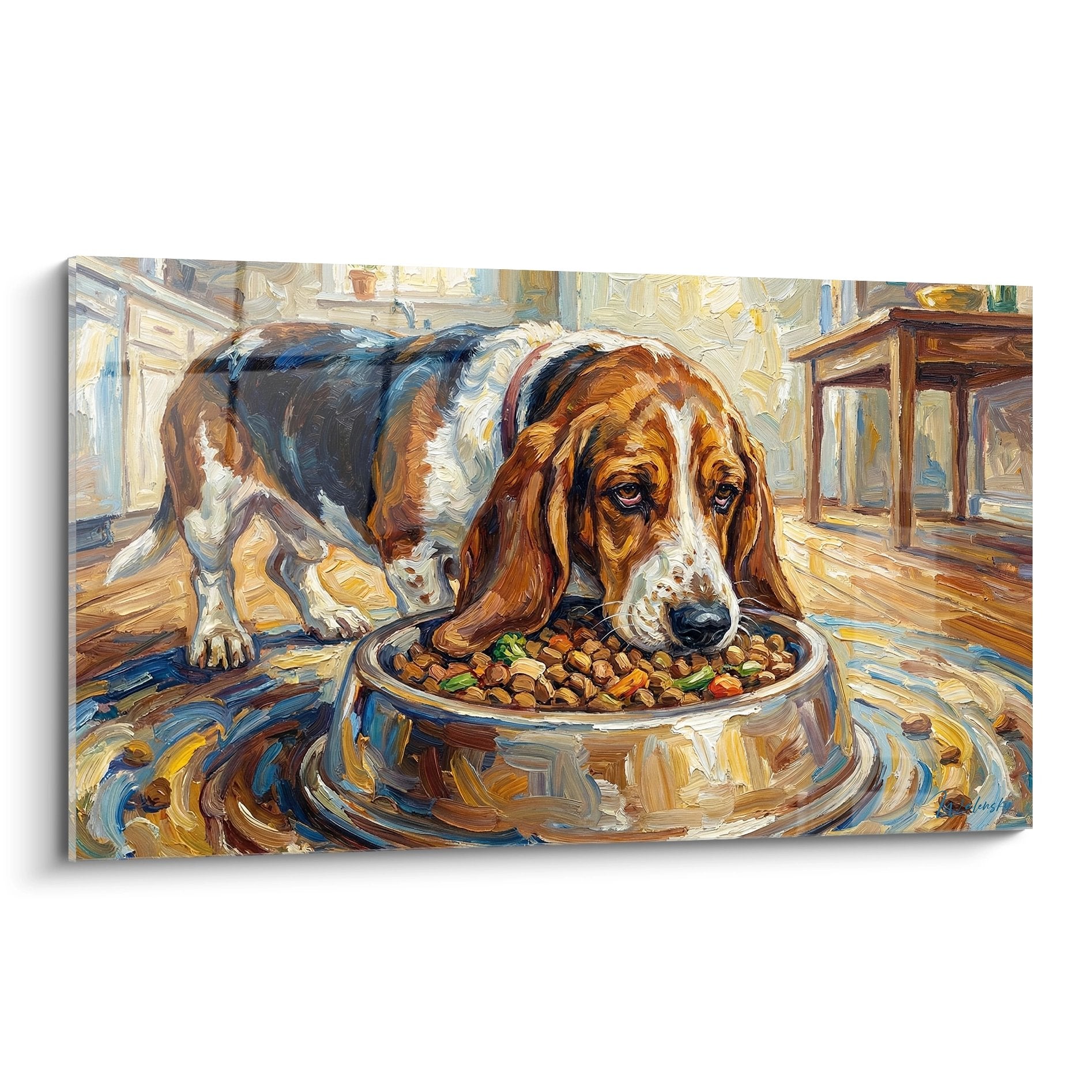 Tableau peinture huile Basset Hound tricolore mangeant gamelle interieur parquet bois tons chauds
