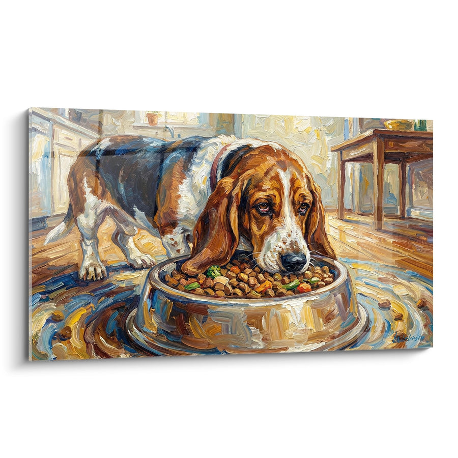 Tableau Basset Hound Tricolore à sa Gamelle - Moment Gourmand - Edition Basset Hound