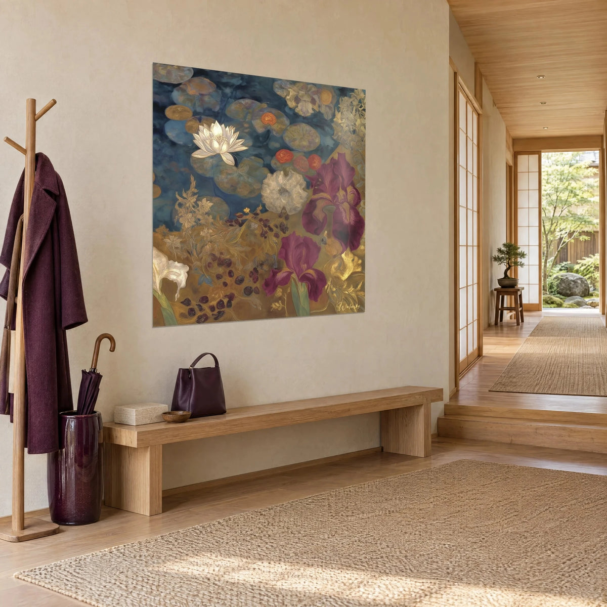 Wall art symbolist pond with ivory petals and burgundy irises, golden reflections on marine water, in a japandi entrance with light wood