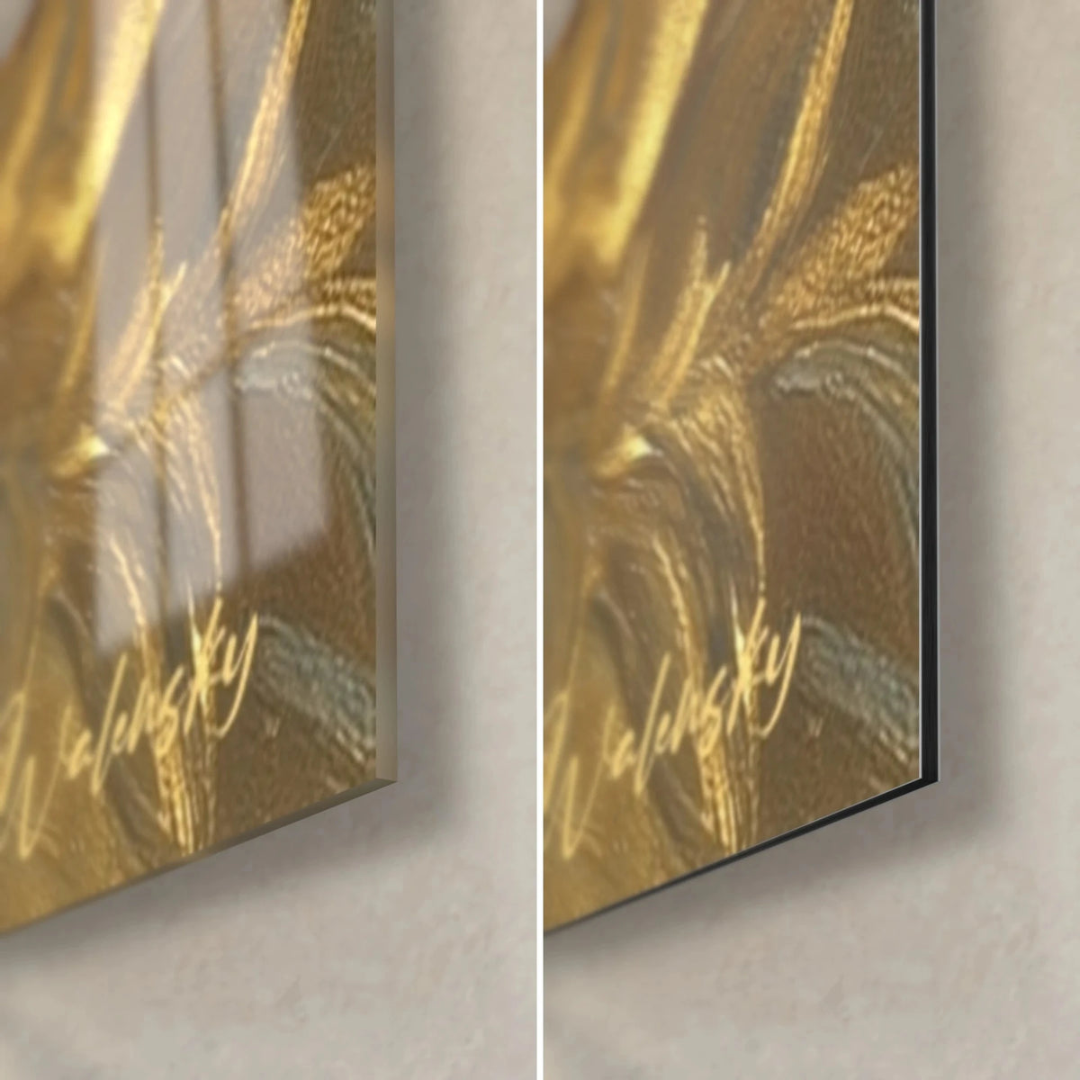 Wall art ivory lotus and plum gold irises, bottom right corner: glossy acrylic glass on the left, matte Dibond aluminium on the right, 3 mm edge